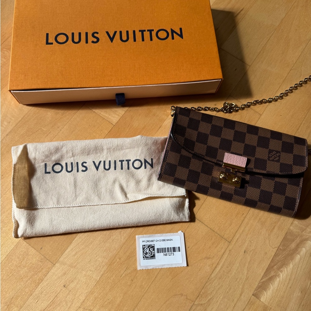 Louis Vuitton Croisette Chain Wallet Crossbody Brown Checkered Damier Clutch